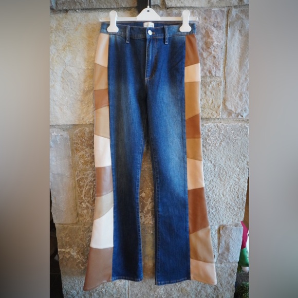 Alice + Olivia Patchwork Flare Jeans with Brown Accents...